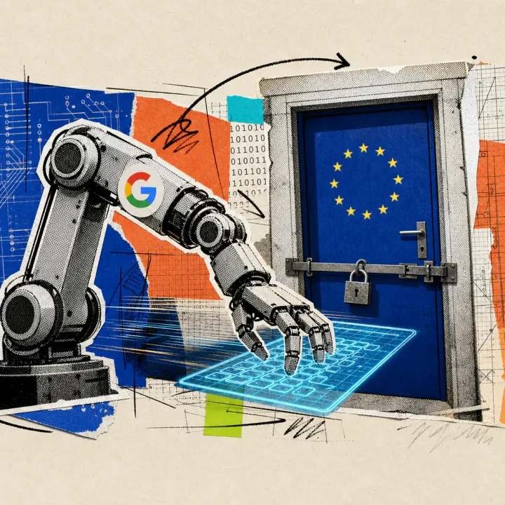 Ein Roboterarm mit aufgeklebtem Google-Logo tippt Code auf einer Tastatur, davor bleibt eine Tür mit blauem EU-Sternenkreis-Symbol verschlossen.