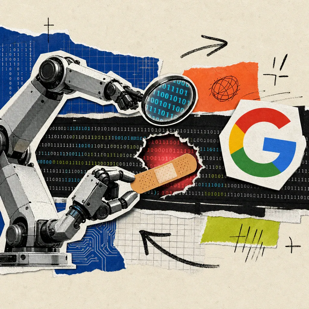 A robotic arm with a magnifying glass examines lines of code and applies a patch to a glowing red security vulnerability, next to a Google logo sticker.
