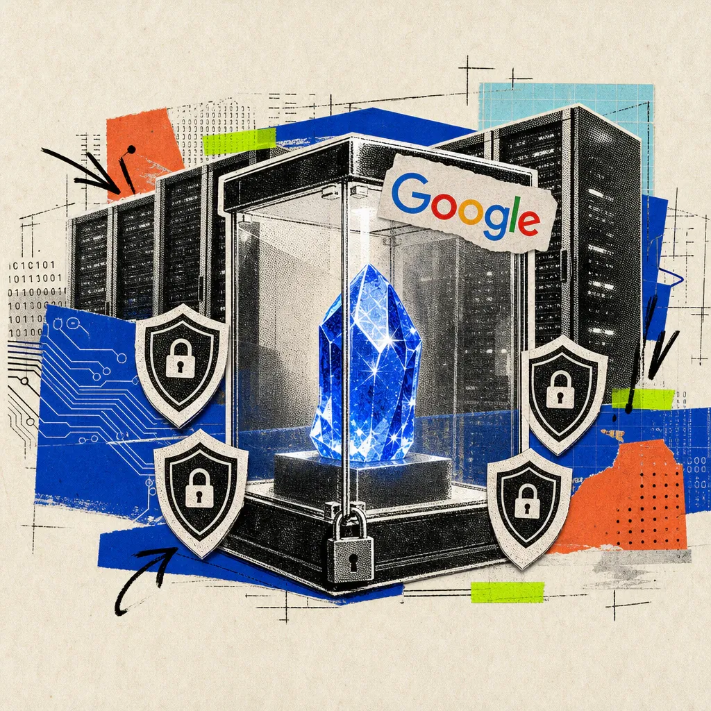 A glowing crystal stands in a locked glass display case, surrounded by small shield symbols; a Google logo sticker is stuck to the edge of the display case, with server rack silhouettes rising in the background.