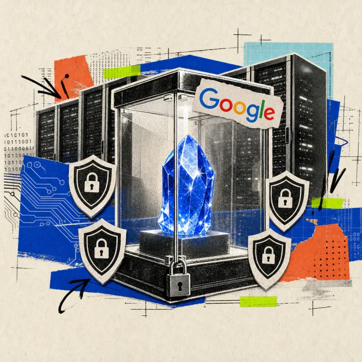 Ein leuchtender Kristall steht in einer verschlossenen Glasvitrine, umgeben von kleinen Schutzschild-Symbolen; ein Google-Logo-Sticker klebt am Rand der Vitrine, im Hintergrund ragen Serverschrank-Silhouetten auf.