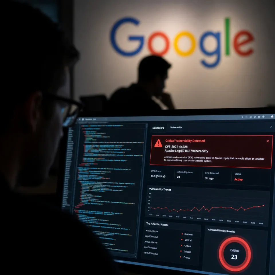 Monitor mit Quellcode und rot markierter Sicherheitswarnung symbolisiert Googles neues KI-Modell Gemini 3.5 Flash Cyber zur automatisierten Schwachstellensuche