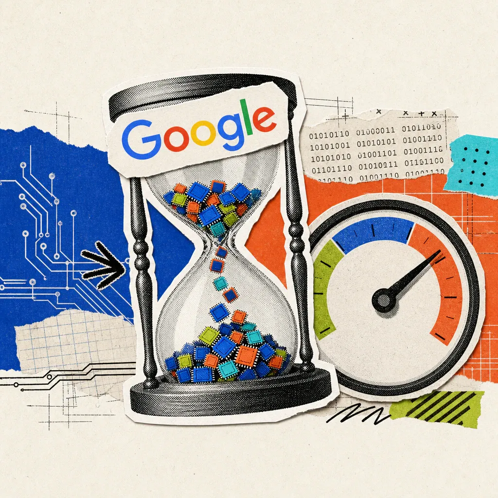 A Google logo sticker above an hourglass with compute chips falling instead of sand, next to a speedometer-style gauge showing the usage budget.