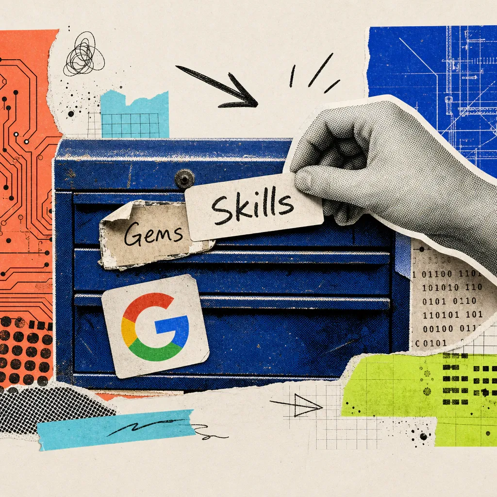 A hand sticks a "Skills" label over the old "Gems" label on a toolbox that also carries a Google logo sticker.
