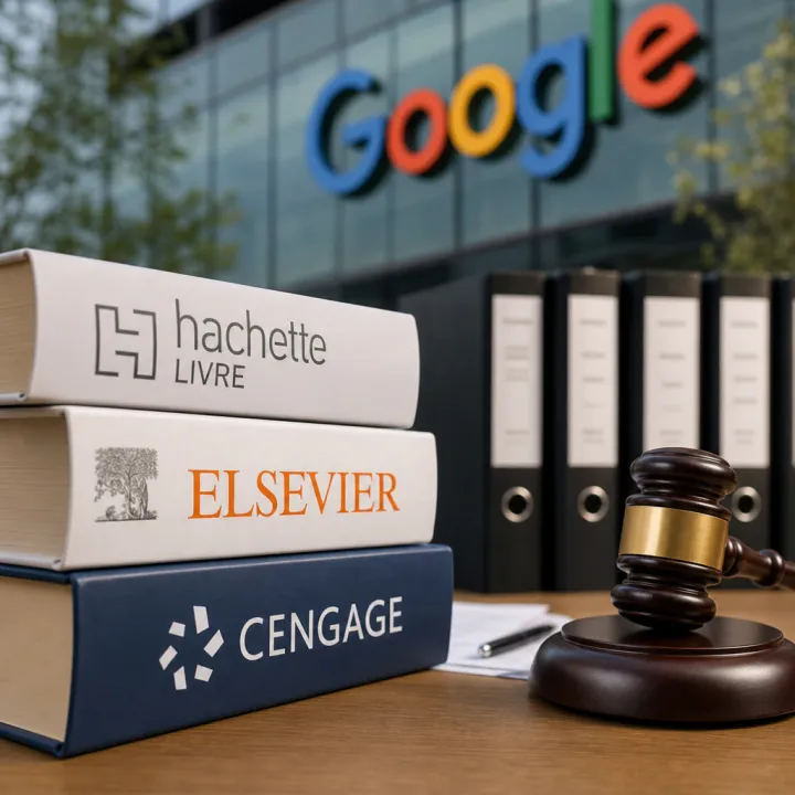 Stack of books from Hachette, Elsevier, and Cengage in front of the Google logo, symbolic image for the publishers' class action lawsuit against the corporation regarding the AI training of Gemini.