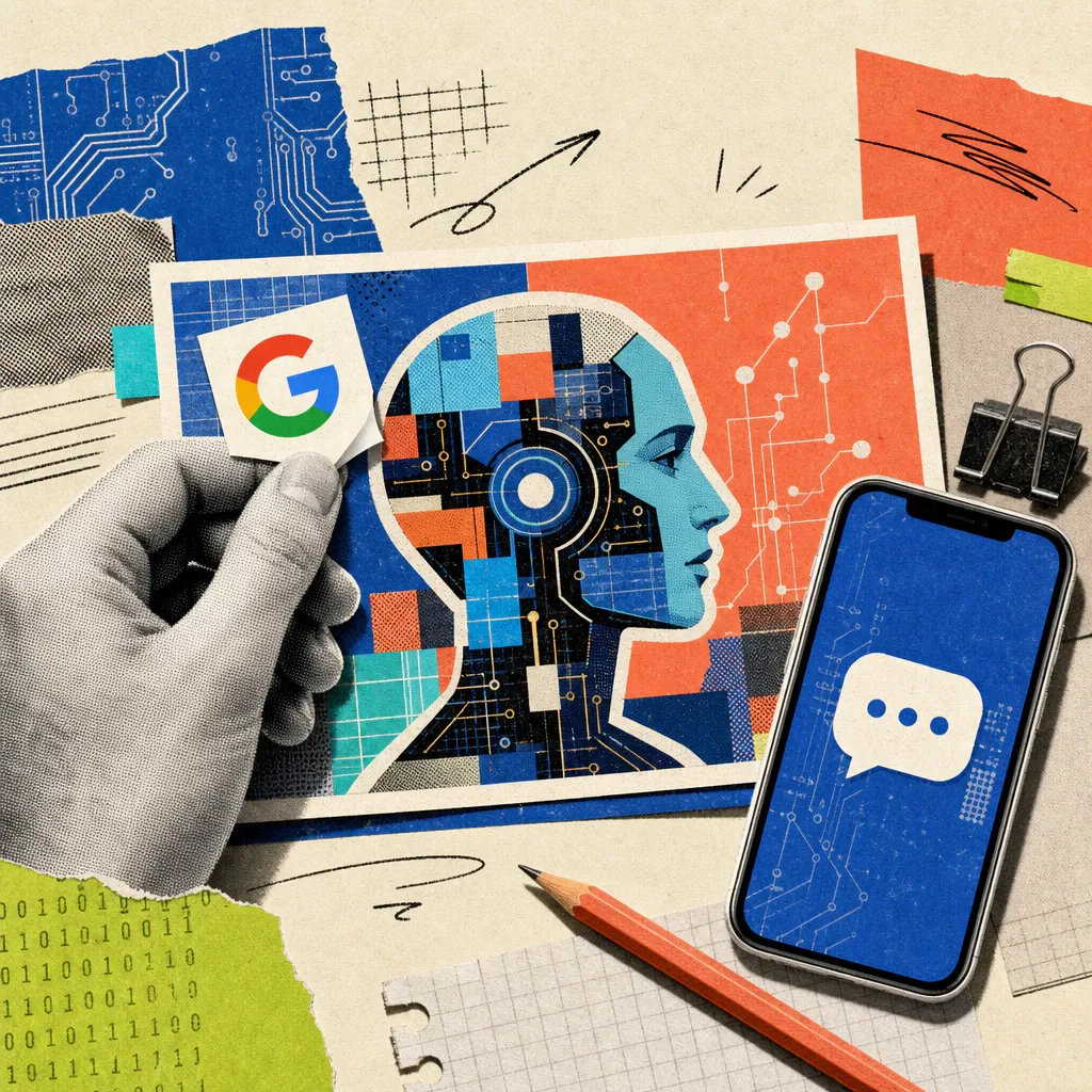 A hand peels a sticker with the Google logo off the corner of a printed AI-generated image on a desk, next to a smartphone showing a chat speech bubble.