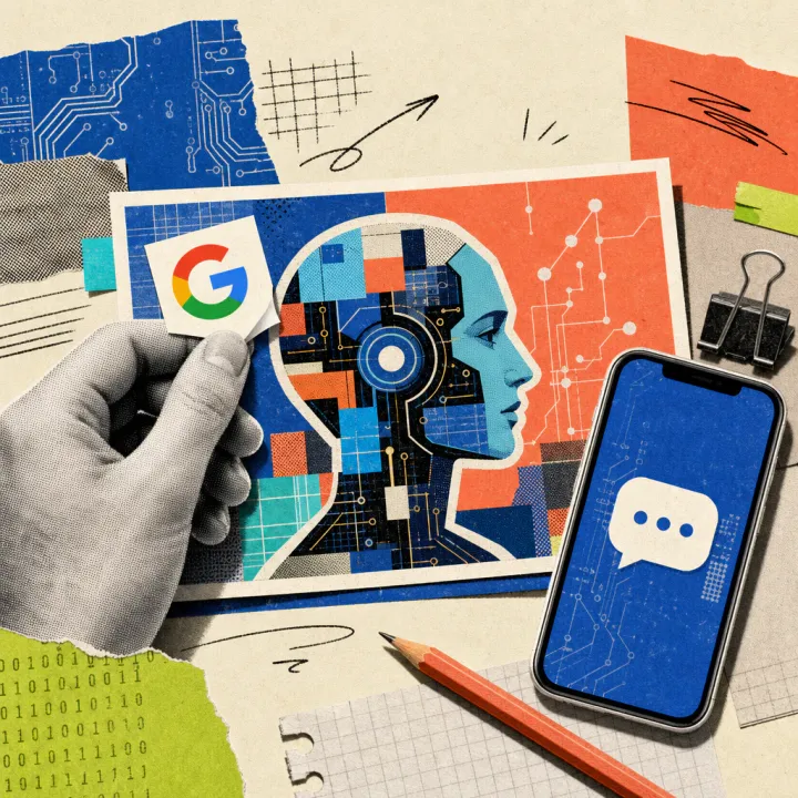 A hand peels a sticker with the Google logo off the corner of a printed AI-generated image on a desk, next to a smartphone showing a chat speech bubble.
