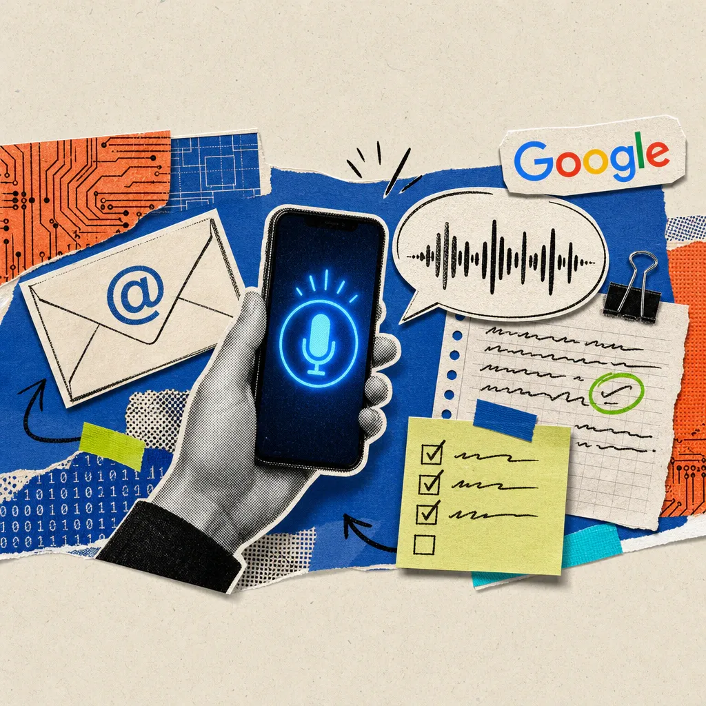 A hand holds a smartphone with a microphone symbol in front of a desk with an envelope, document and notepad, a Google logo sticker is stuck at the edge of the image.