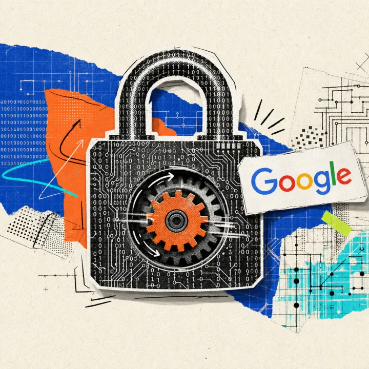 A padlock made of binary digits encloses a rotating gear, next to it a Google logo sticker – symbolizing computations on encrypted data.