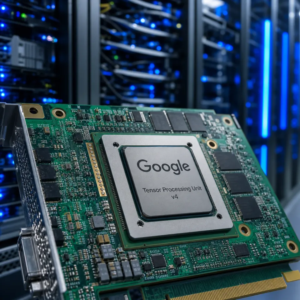 Nahaufnahme eines KI-Chips mit Google-Logo auf einer Platine in einem Rechenzentrum mit Serverreihen im Hintergrund