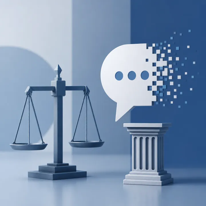 Abstrakte Illustration einer Waage der Gerechtigkeit neben einem fragmentierten digitalen Sprechblasen-Symbol über einer Gerichtssäule