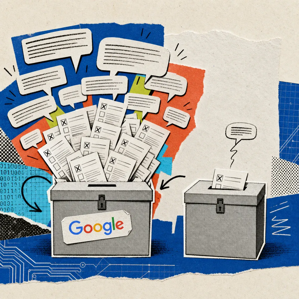 A Google logo sticker is affixed to a ballot paper, from which speech bubbles of varying size grow over two ballot boxes – one overflowing, the other nearly empty.