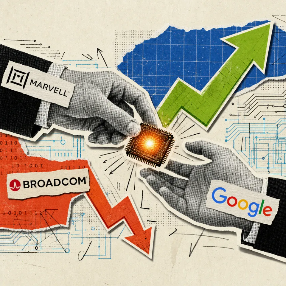 Eine Hand mit Marvell-Logo reicht einen leuchtenden Mikrochip an eine Hand mit Google-Logo, im Hintergrund ein grüner Kurspfeil nach oben und ein kleineres Broadcom-Logo neben einem roten Abwärtspfeil.