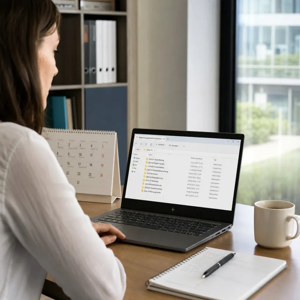 Schreibtisch mit Laptop, auf dessen Bildschirm ordentlich beschriftete Ordner für Besprechungsnotizen und -aufzeichnungen in Google Drive zu sehen sind, daneben ein Kalenderblatt.