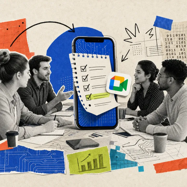 Ein Smartphone steht aufrecht auf einem Besprechungstisch zwischen sprechenden Kolleginnen und Kollegen, auf dem Bildschirm erscheint ein Notizzettel mit abgehakten Aufgaben und einem Google-Meet-Logo-Sticker.