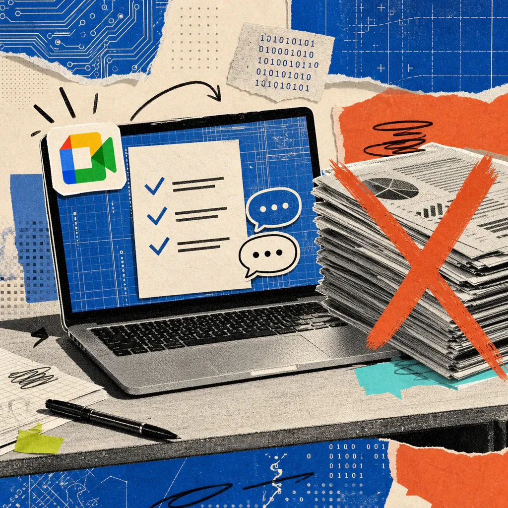 A laptop screen with a Google Meet logo sticker shows a single page with a short checklist, next to it lies a crossed-out stack of printed paper pages.
