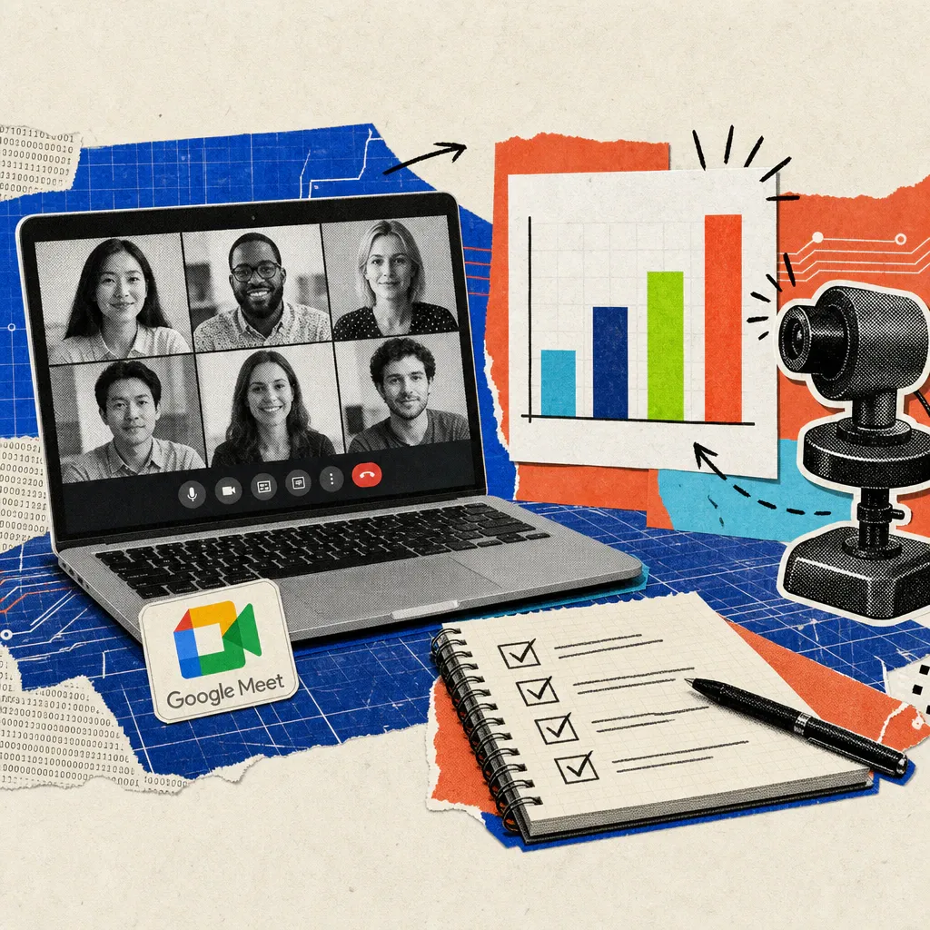 A laptop shows a Google Meet video call window; beside it floats a bar-chart slide being captured as a screenshot by a stylized camera, with a notepad showing checked-off items below.