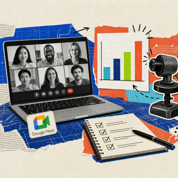 A laptop shows a Google Meet video call window; beside it floats a bar-chart slide being captured as a screenshot by a stylized camera, with a notepad showing checked-off items below.