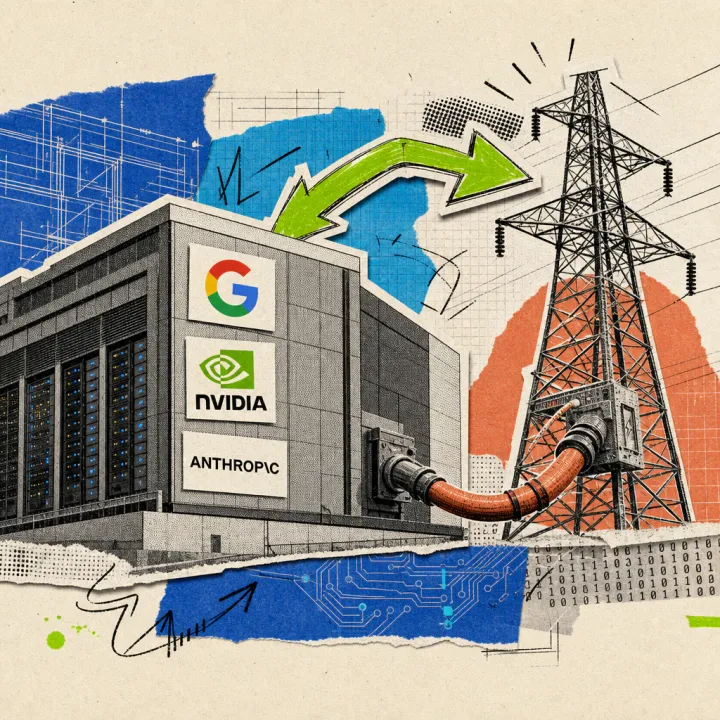 A data center is connected to a power pole via a thick cable, the logos of Google, Nvidia, and Anthropic are stuck on the facade, a green arrow shows energy flowing back into the grid.