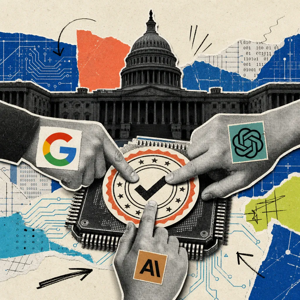 Three hands with the logos of Google, OpenAI and Anthropic press an inspection seal onto a computer chip together, with a dark, empty Capitol building in the background.