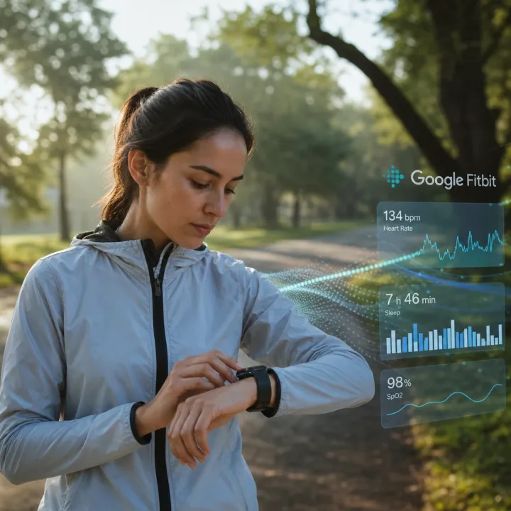 Runner in a park checking her smartwatch with heart-rate data, Fitbit logo on the display.
