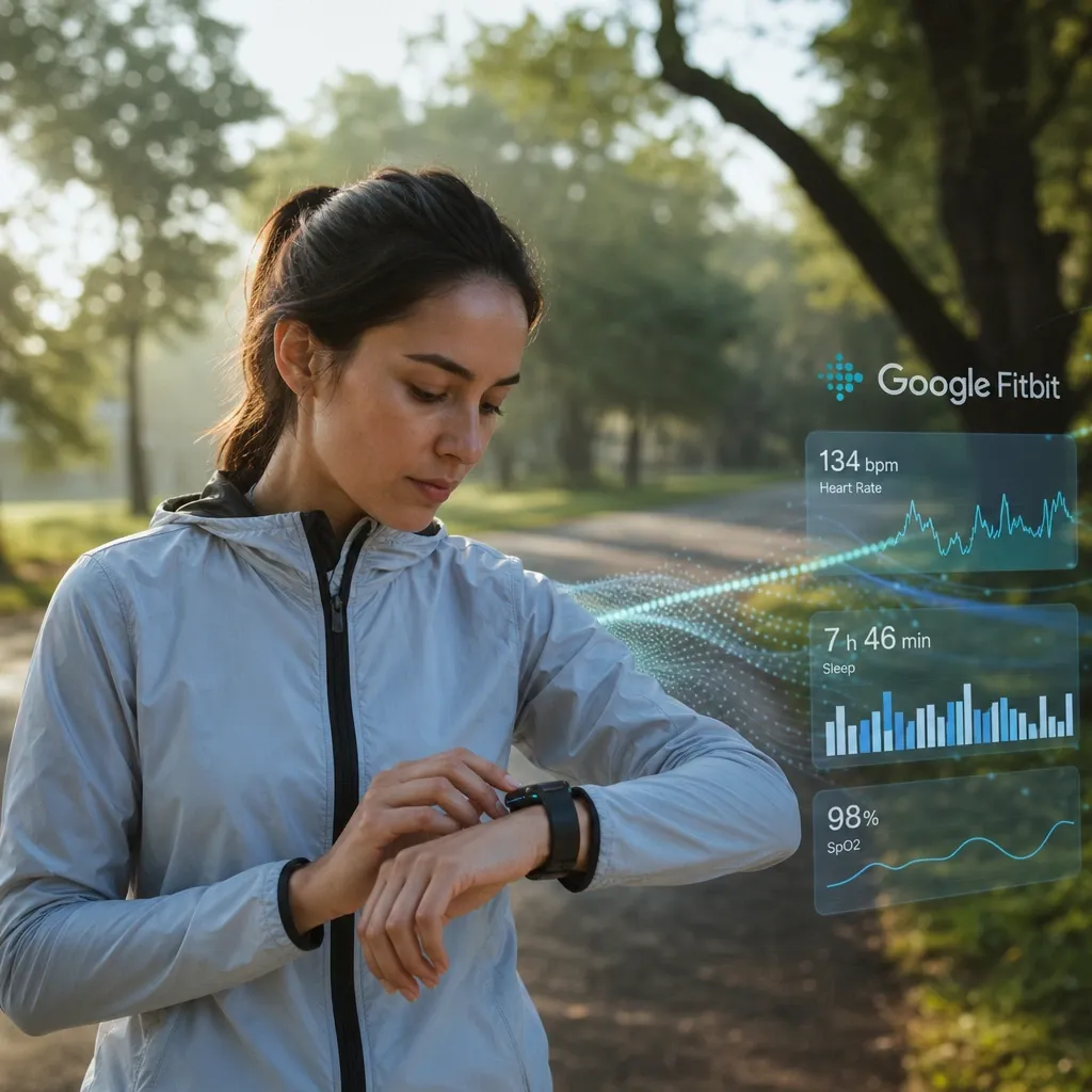 Runner in a park checking her smartwatch with heart-rate data, Fitbit logo on the display.