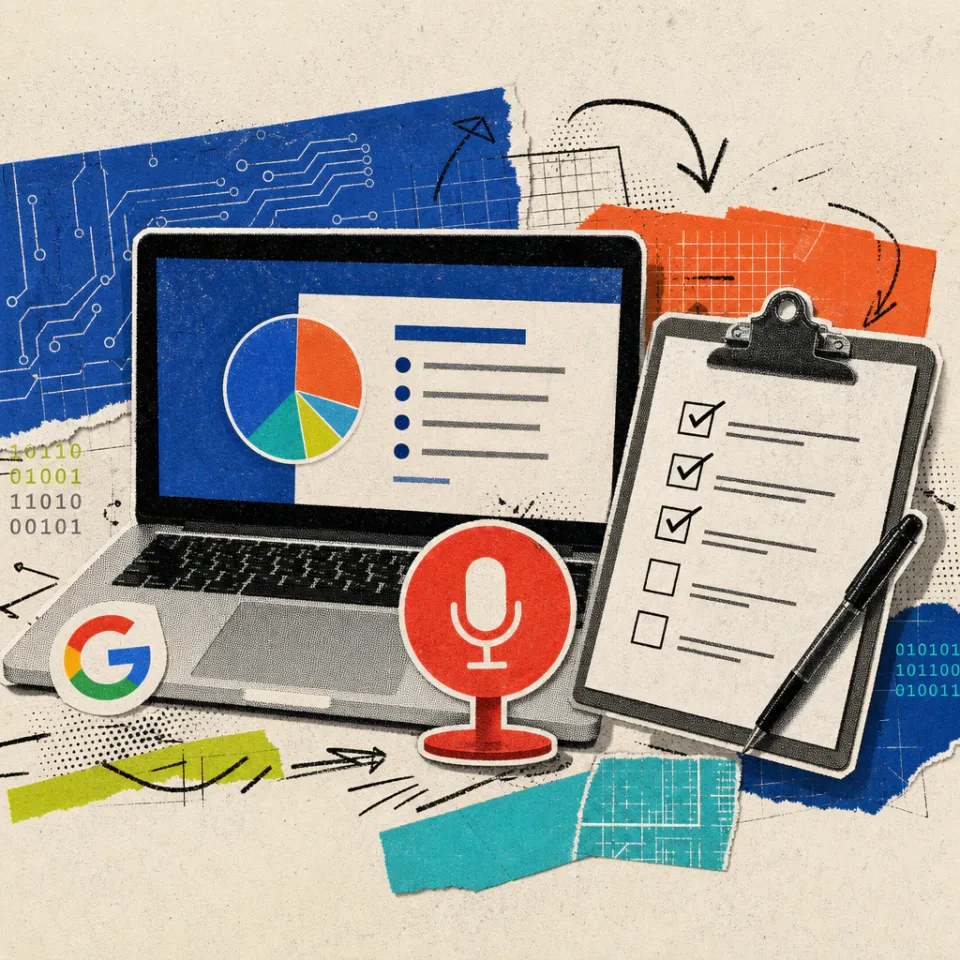 Ein aufgeklappter Laptop auf einem Schreibtisch zeigt eine Präsentations-Folie, davor ein rotes Aufnahme-Symbol, daneben ein Klemmbrett mit Checkliste und ein Google-Logo-Sticker auf dem Laptopdeckel