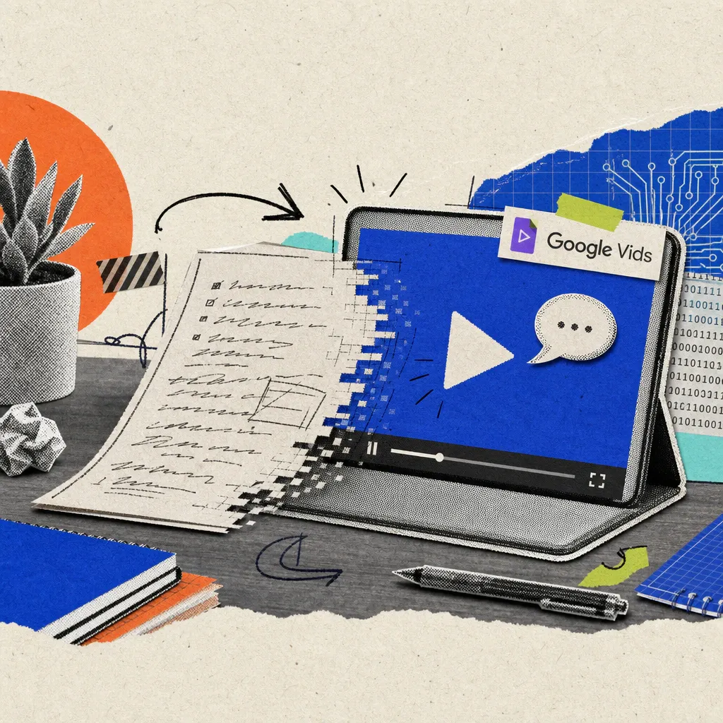 On a desk, a handwritten sheet of paper turns into a small video screen with a play triangle and a speech bubble, with a Google Vids logo sticker on it.
