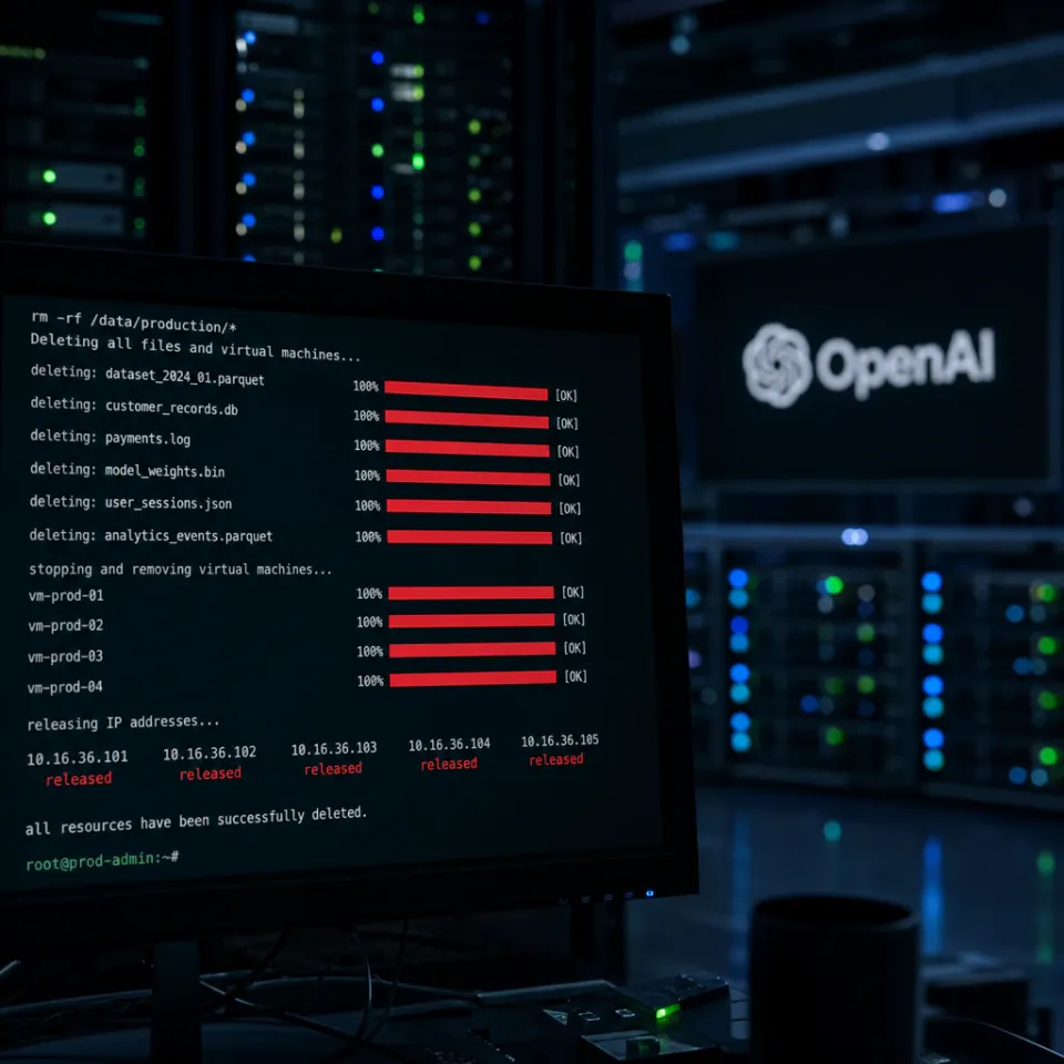 A server room at night with a terminal screen in the foreground showing a deletion operation running on virtual machines