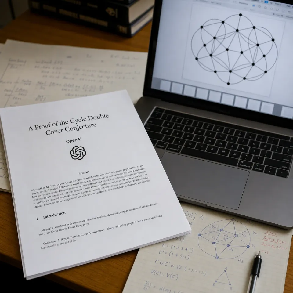Printed proof document for the Cycle Double Cover Conjecture with OpenAI logo next to a screen displaying a graph theory diagram
