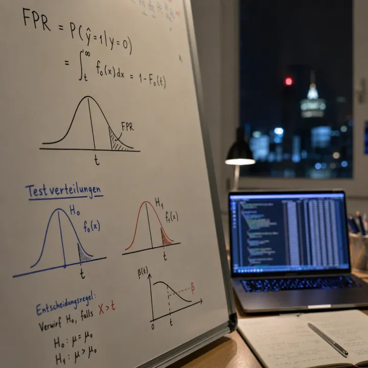 Handwritten statistical formulas and a bell curve on an illuminated whiteboard, with a laptop screen showing code in the blurred background