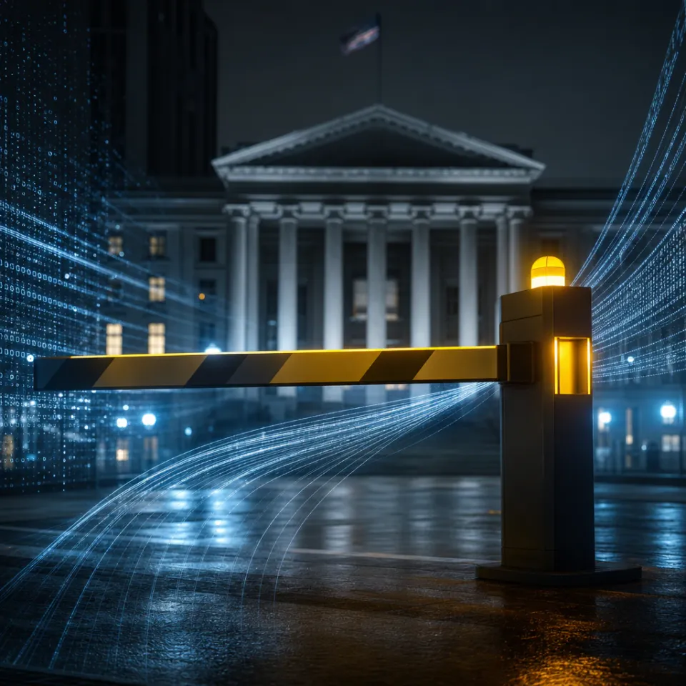 Abstract geometric illustration of a control checkpoint with data streams between government building and server structure