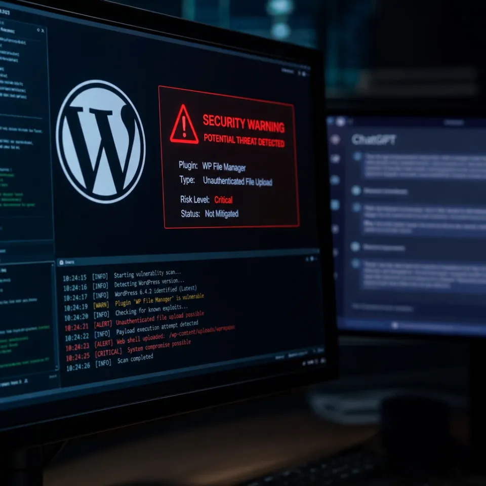 Monitor mit WordPress-Logo, roter Sicherheitswarnung und Terminal-Codezeilen in einem Cybersecurity-Analyseraum, im Hintergrund unscharf eine KI-Chat-Oberfläche.