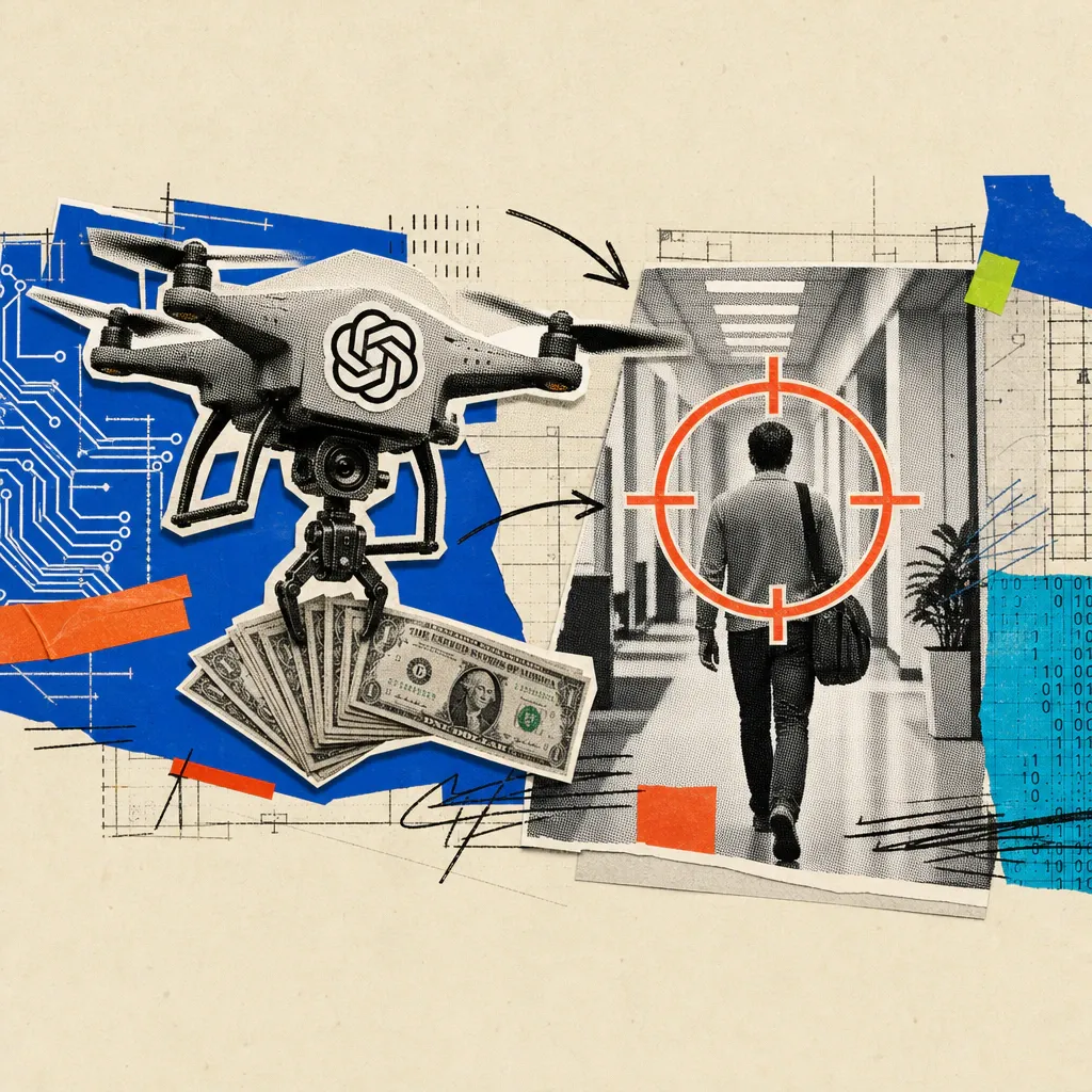 Eine Drohne mit OpenAI-Logo verfolgt eine Person im Büroflur und hält in einer Klaue Dollarscheine.