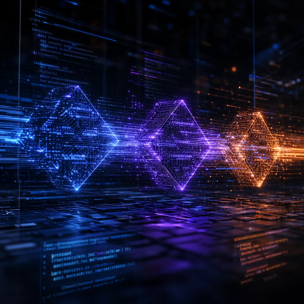 Abstract representation of three advancing AI models as glowing code nodes on a dark stage