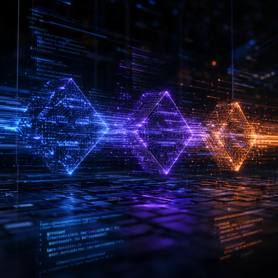 Abstract representation of three advancing AI models as glowing code nodes on a dark stage