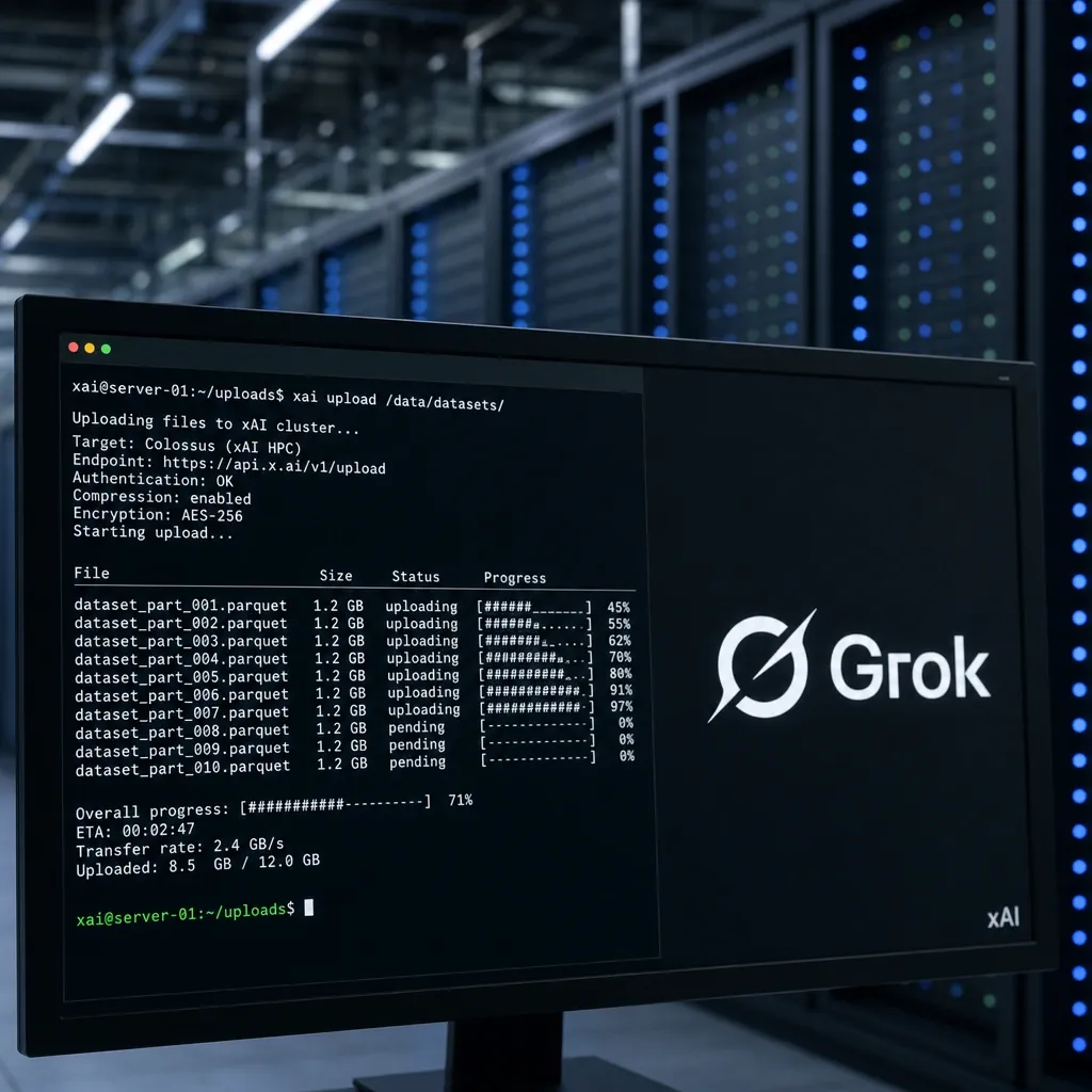 Monitor with a terminal showing an upload progress bar, Grok logo visible, data center in the background.