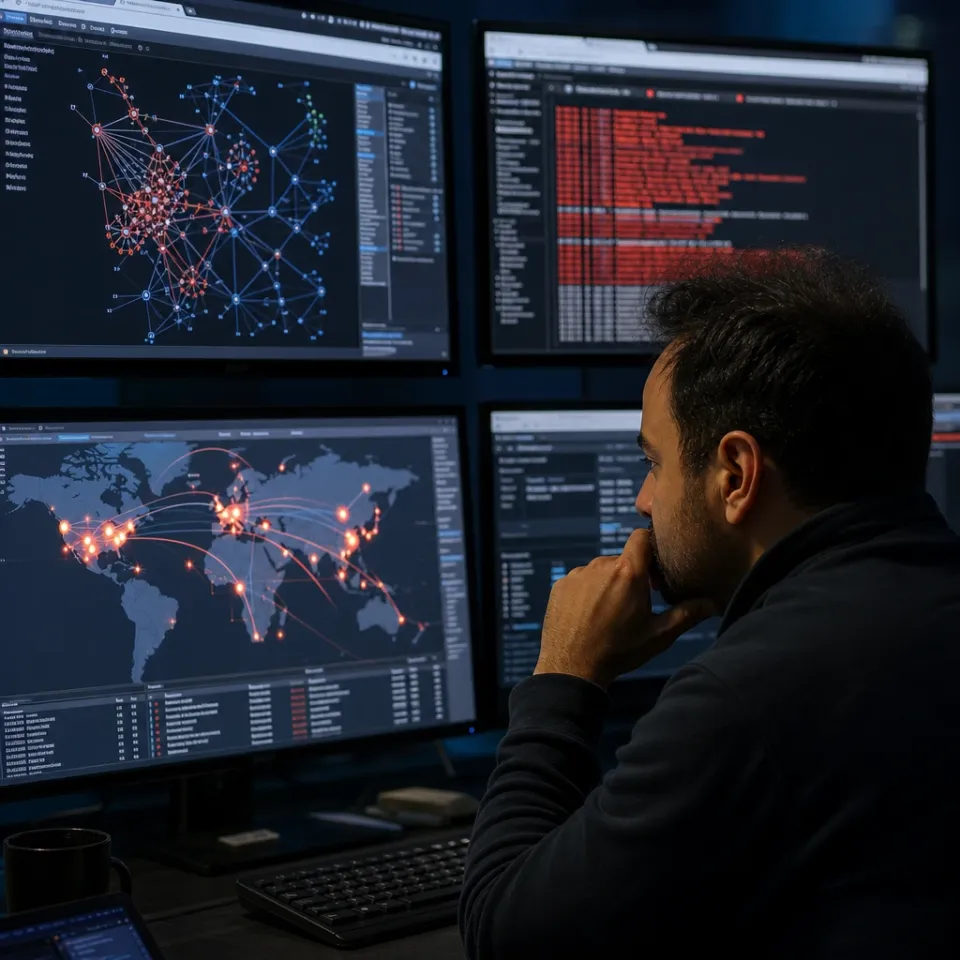 Security analyst in front of monitors with network graphs, alerts and a world map showing botnet nodes.