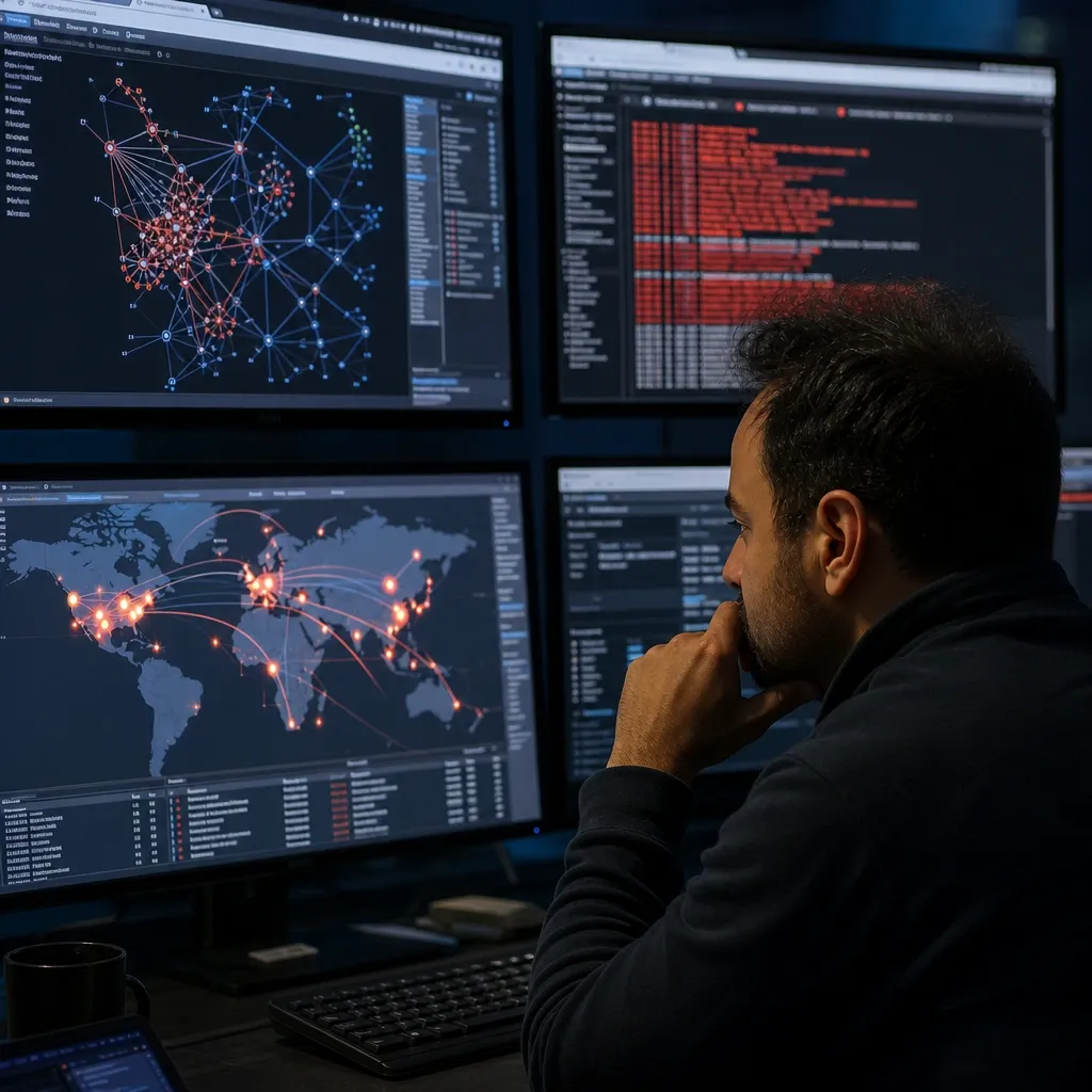 Security analyst in front of monitors with network graphs, alerts and a world map showing botnet nodes.