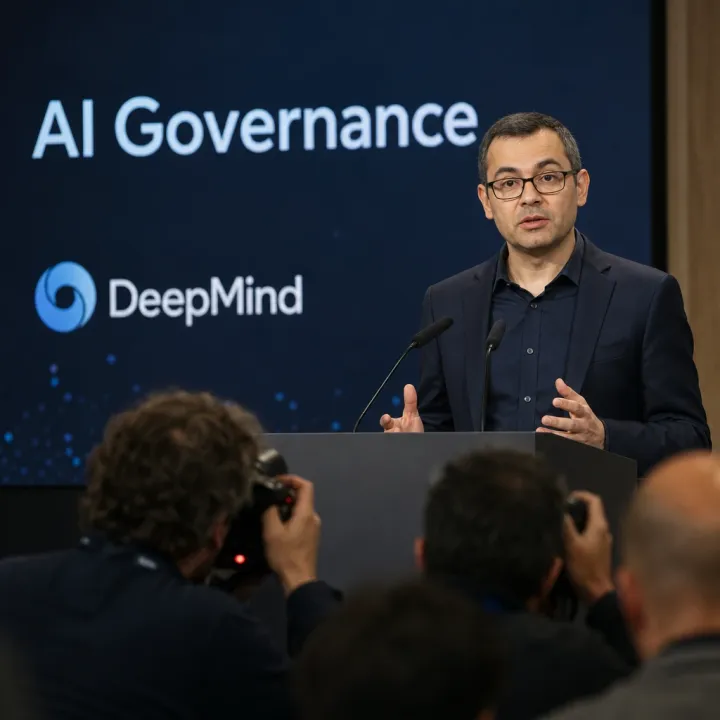 Demis Hassabis speaking at a conference podium, a screen reading “AI Governance” with the DeepMind logo behind him.
