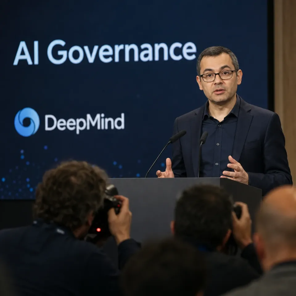 Demis Hassabis speaking at a conference podium, a screen reading “AI Governance” with the DeepMind logo behind him.