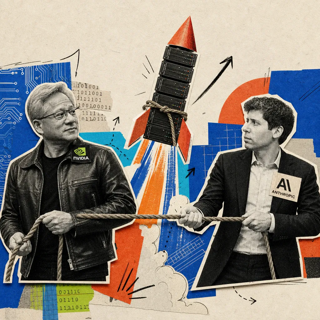 Zwei Männer auf einer Bühne ziehen an entgegengesetzten Enden eines Zügels, der an einer aufsteigenden, raketenförmigen Serverkette befestigt ist – Symbol für den Streit zwischen Nvidia-Chef Jensen Huang und Anthropic-Chef Dario Amodei um Tempo und Regulierung der KI-Entwicklung.