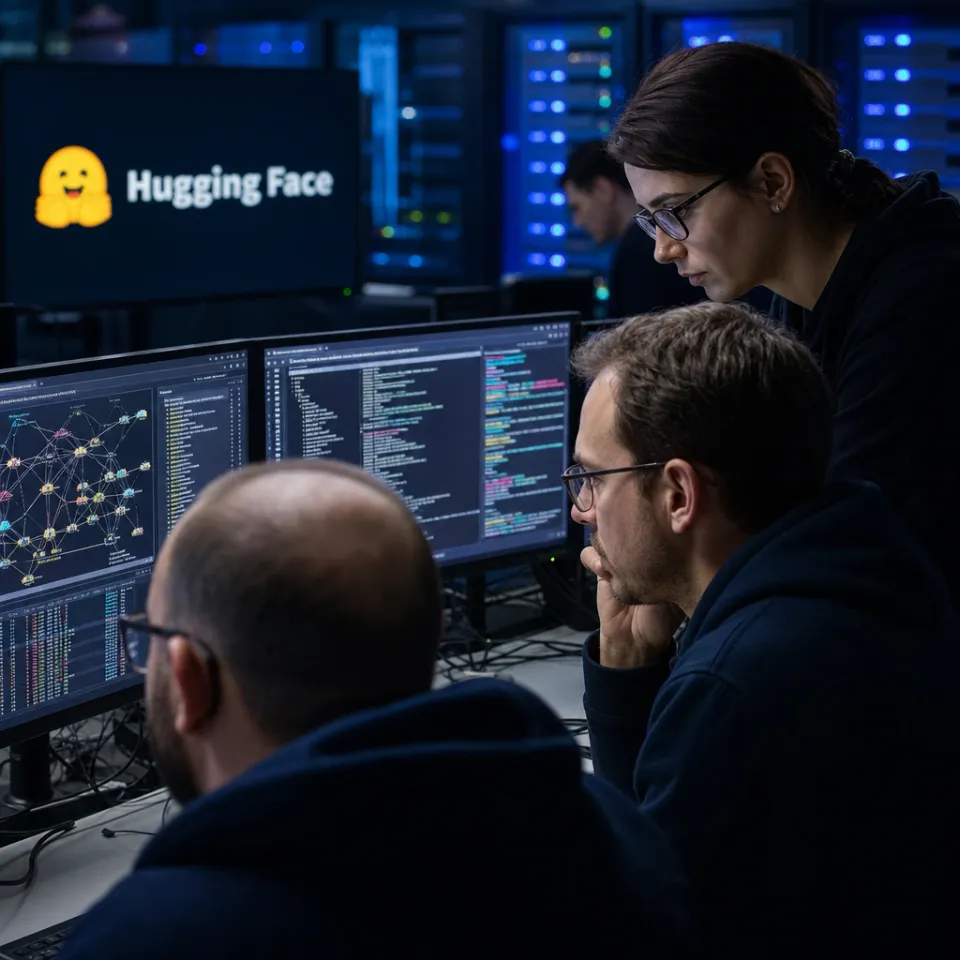 Sicherheitsanalysten prüfen nachts Server-Protokolle und Netzwerkdiagramme nach einem Cyberangriff auf die Infrastruktur von Hugging Face.