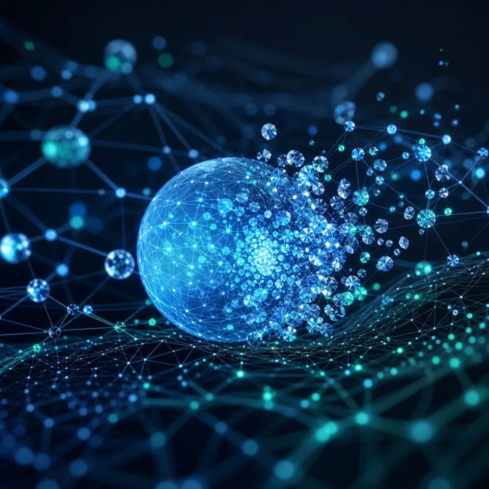 Abstract geometric representation of a mixture-of-experts network with interconnected nodes and a fragmenting sphere