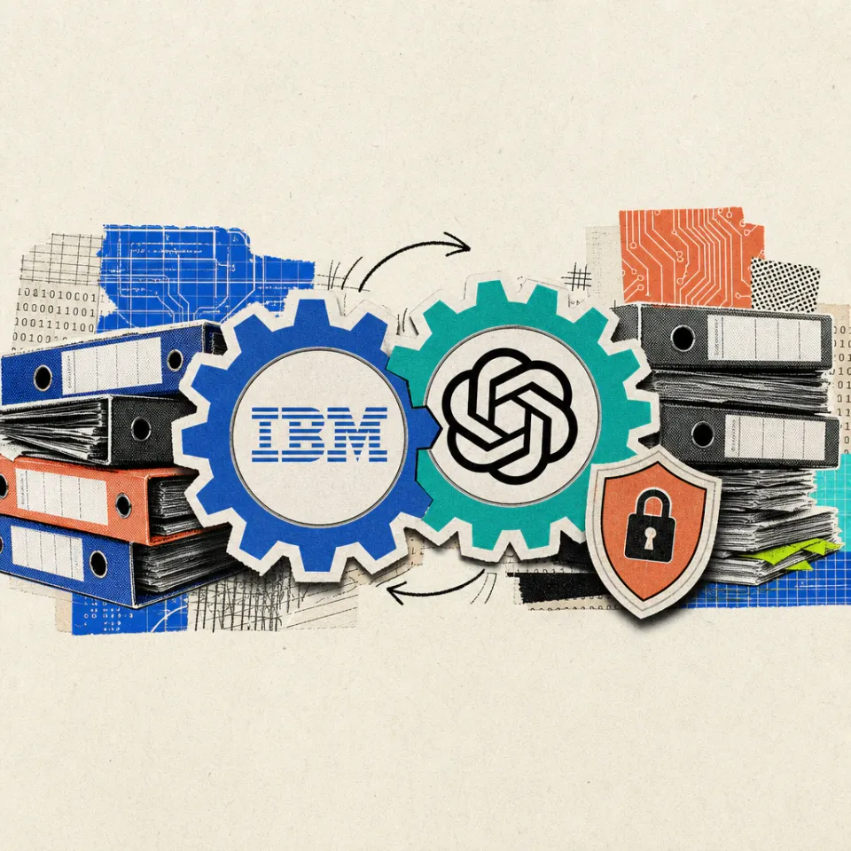 Ein IBM-Logo-Sticker und ein OpenAI-Logo-Sticker greifen wie zwei Zahnräder ineinander, umgeben von Aktenordnern und einem aufgeklebten Schutzschild-Symbol.