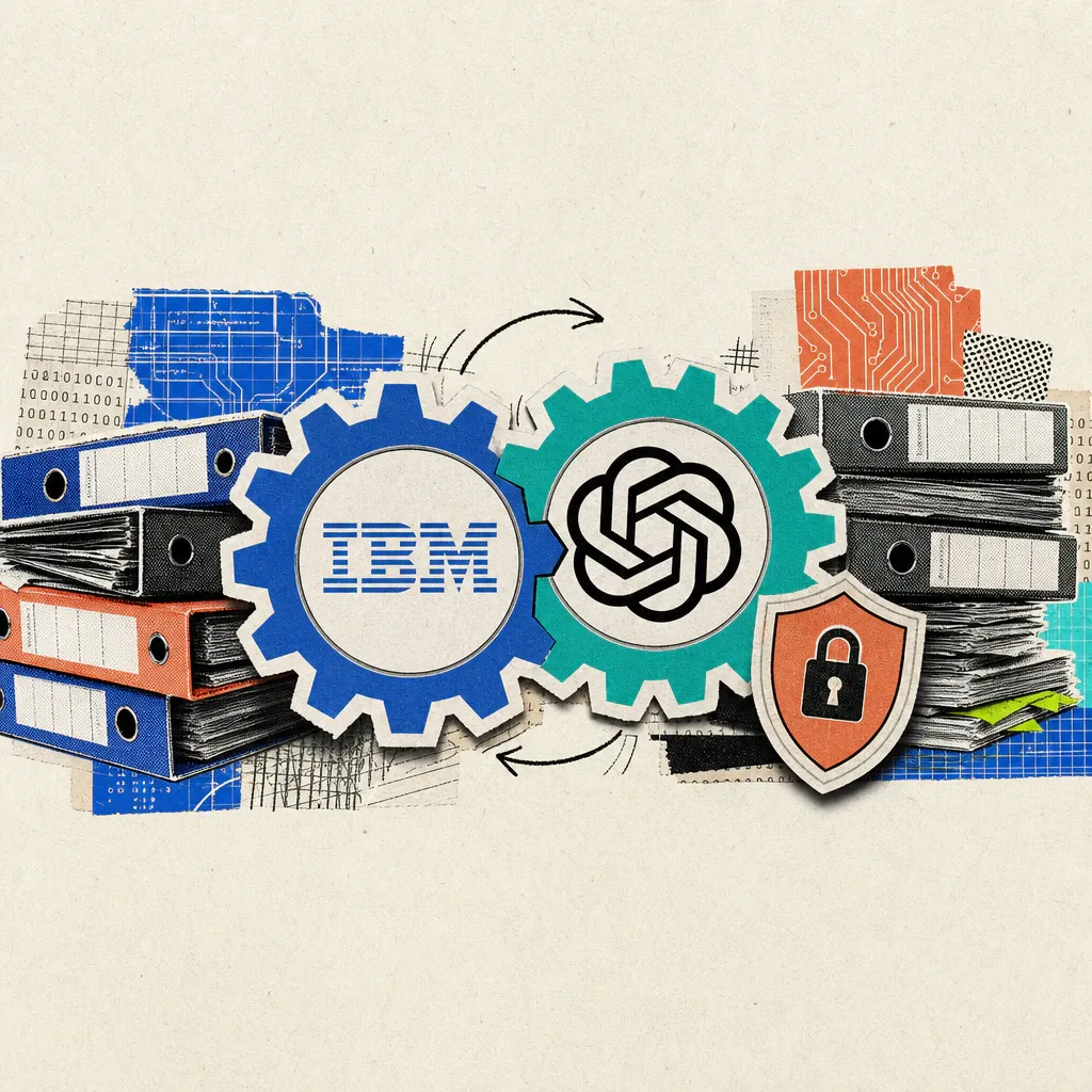 An IBM logo sticker and an OpenAI logo sticker mesh together like two gears, surrounded by file folders and a glued-on shield symbol.