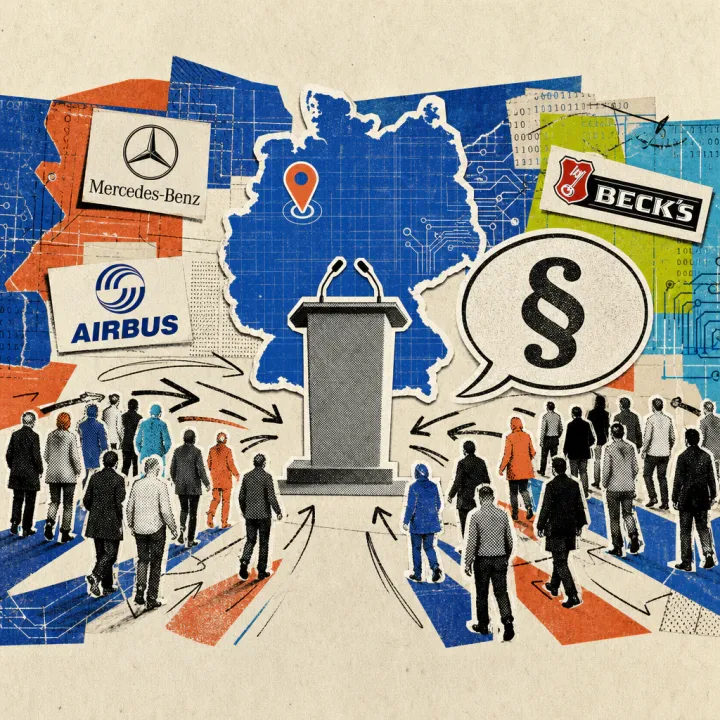 Ein Rednerpult steht vor einer stilisierten Umrisskarte Deutschlands mit einer Markierung bei Bremen, umgeben von vielen kleinen abstrakten Figuren, die aus verschiedenen Richtungen heranströmen, daneben eine große Sprechblase mit einem Paragraphenzeichen.
