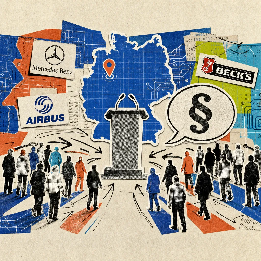 A lectern stands in front of a stylized outline map of Germany marked at Bremen, surrounded by many small abstract figures streaming in from different directions, next to a large speech bubble with a paragraph symbol.