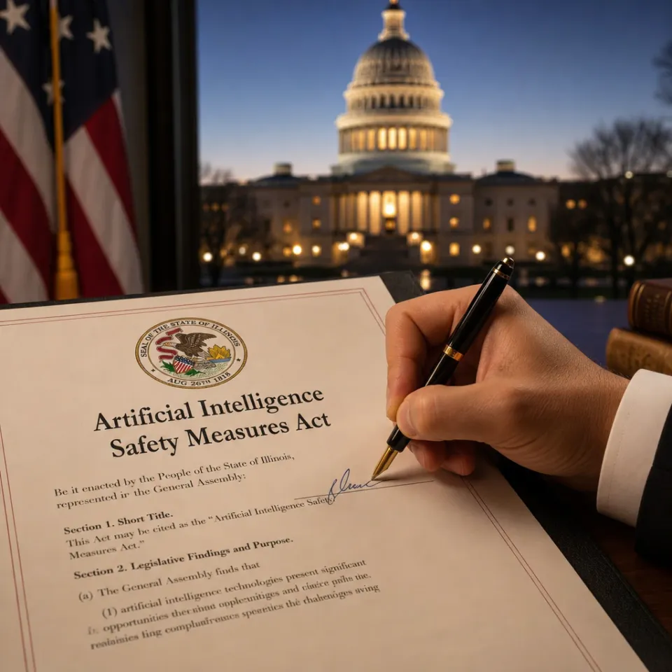 Signing of the Artificial Intelligence Safety Measures Act on a desk in front of the illuminated dome of the Illinois State Capitol in Springfield