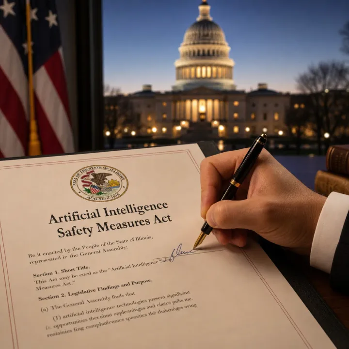 Signing of the Artificial Intelligence Safety Measures Act on a desk in front of the illuminated dome of the Illinois State Capitol in Springfield
