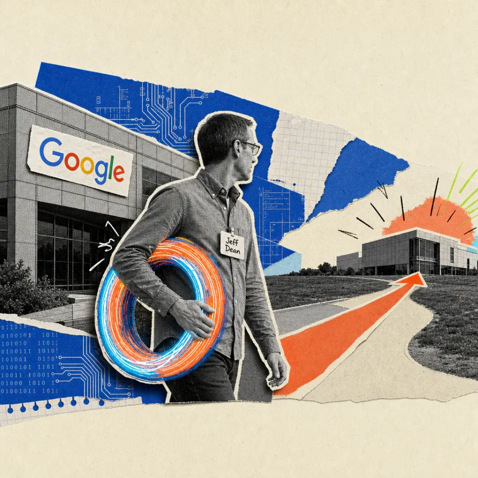 Eine Figur mit der Aufschrift „Jeff Dean“ entfernt sich von einem Gebäude mit Google-Logo und trägt eine leuchtende Kreisschleife in Richtung eines neuen, namenlosen Gebäudes.